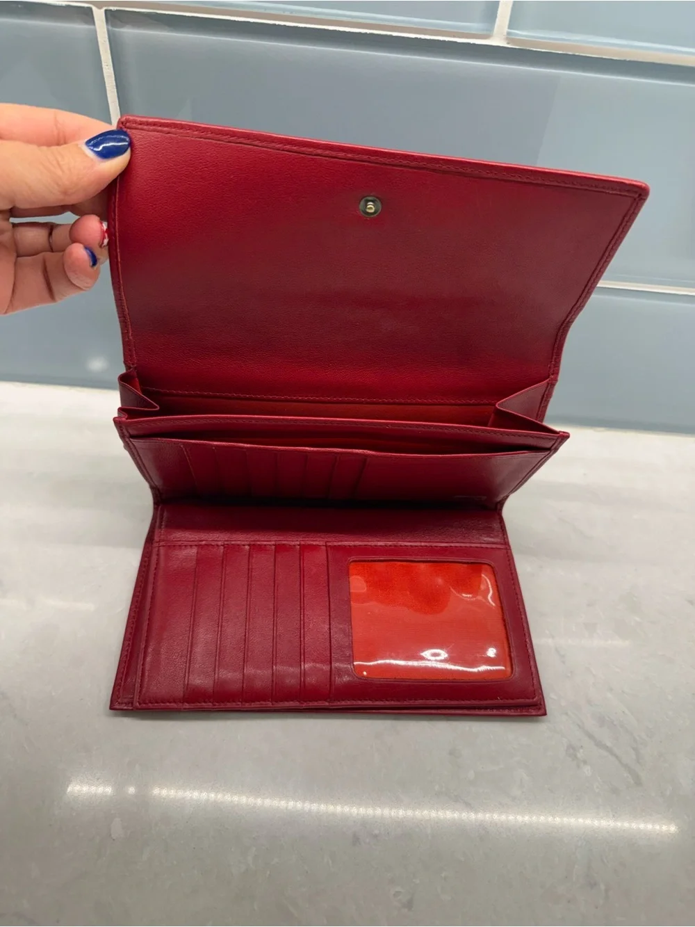 TUMI Red Leather Trifold Wallet w/ Checkbook Holder